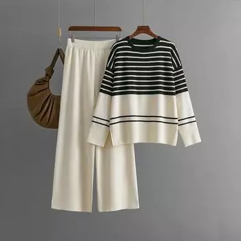 Осень/Зима 2024 новый полосатый трикотажный свитер из двух частей с круглым вырезом свободный повседневный модный костюм F чёрный
