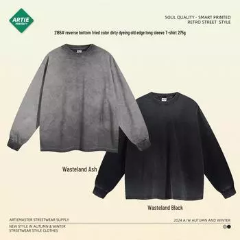Осень/Зима 2024 Винтажная хлопковая футболка с длинными рукавами Dirty Dye - 275 г, сушка в обратном направлении. M