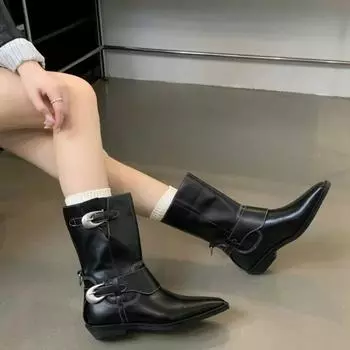 Осень/Зима 2024 Винтажные женские ковбойские сапоги в стиле вестерн Сапоги на среднем каблуке Студенческие кожаные сапоги 35 чёрный
