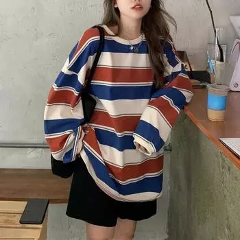 Осень-зима 2024, женская повседневная футболка с длинным рукавом, Harajuku, полосатый принт, круглый вырез, большой пуловер, топы y2k, уличная одежда унисекс L красный