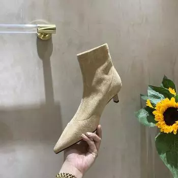 осень-зима 2025 остроносые эластичные ботильоны на тонком каблуке, тонкие ботинки, полусапоги, матовый высокий каблук, бархатные повседневные короткие ботинки женские 35 абрикосовый