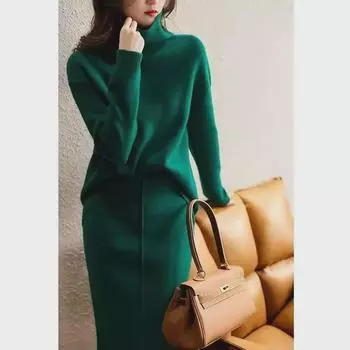 Осень/Зима 2025 Зеленый Кашемир Шерстяной Вязаный Свитер и Юбка Комплект XXL
