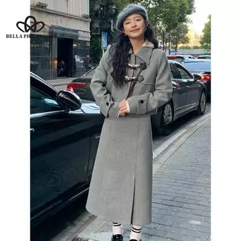 Осень-зима, элитное повседневное серое платье, костюм из двух предметов, шикарный модный шерстяной тканевый топ с роговыми пуговицами, костюм с юбкой S чёрный