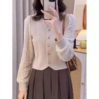 Осень-зима бархатная длинная рукава ажурная низ в западном стиле трикотажная рубашка дизайн уменьшающий возраст универсальный верх кружевные женские свитера S