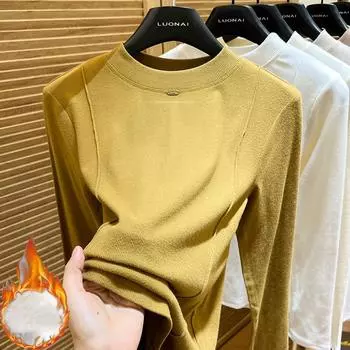 осень-зима бархатная футболка с круглым вырезом и длинными рукавами, однотонная женская одежда Harajuku, свободная, толстая, теплая, футболка для женщин M