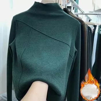осень-зима бархатная полуводолазка с длинным рукавом однотонная футболка женская Harajuku повседневная тонкая толстая теплая футболка женская M