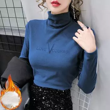 Осень-зима бархатная полуводолазка с длинным рукавом с буквенным принтом Футболка женская Harajuku Повседневная свободная Толстая теплая базовая футболка женская M