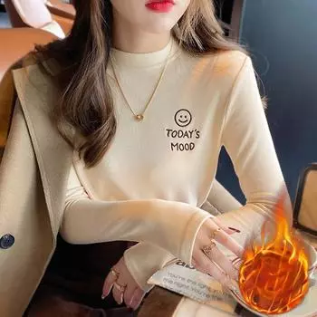 осень-зима бархатная полуводолазка с длинным рукавом однотонная футболка женская Harajuku повседневная тонкая толстая теплая футболка женская M бежевый