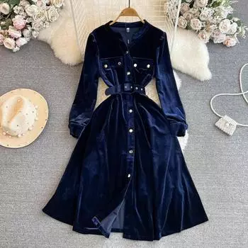 Осень-зима бархатное вечернее платье для подиума, высокое качество, женские однобортные велюровые платья с v-образным вырезом и карманами, тонкие миди-платья с поясом M темно-синий