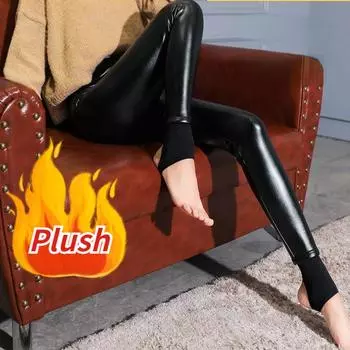 Осень-зима бархатные кожаные леггинсы женские сексуальные леггинсы из искусственной кожи с высокой талией толстые теплые кожаные брюки M чёрный