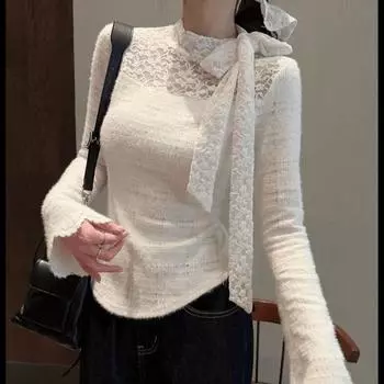 Осень-зима Базовая рубашка Overseas Heiress Кружевная футболка Вязаный свитер Slim Fit Утягивающий топ Temperament Внутренний наряд Футболки женские S абрикосовый