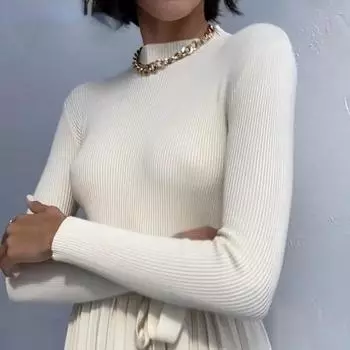 Осень-зима, базовая водолазка, вязаный низ, теплые свитера, женские пуловеры, однотонные минималистичные топы белый