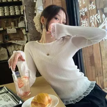 Осень-зима базовый вязаный свитер для женщин кружевной однотонный модный повседневный трикотаж женская одежда облегающий круглый вырез пуловер свитера женские топы 31035 One Size белый