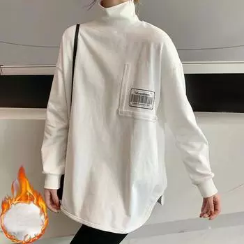 осень зима белый утолщенный женский длинный рукав футболка водолазка теплая бархатные топы повседневные свободные футболки уличная одежда M