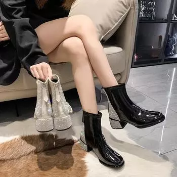 Осень/зима, блестящие кожаные ботильоны, эластичные ботильоны на блочном каблуке с квадратным носком