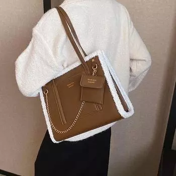 Осень-зима Большая вместительная сумка-тоут Модные плюшевые сумки-сплайсинги Корейская винтажная универсальная сумка-цепочка на плечо Тенденция