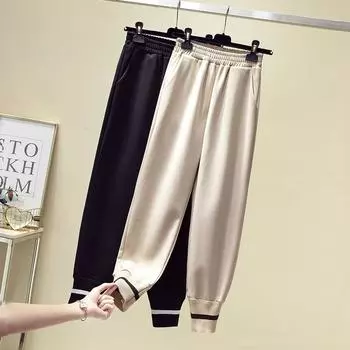 Осень-зима Большие размеры Плотный бархат женские спортивные брюки мягкие свободные повседневные толстые хлопчатобумажные шерстяные длинные брюки однотонные брюки One Size чёрный