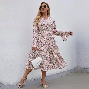 Осень-зима, большие размеры, V-образный вырез, расклешенные рукава с принтом, высокая талия, универсальное платье трапециевидной формы, белое, L-4XL XL белый