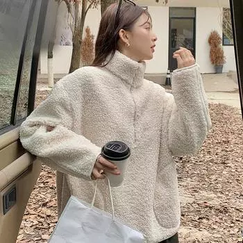 Осень-зима Большие размеры Женские однотонные пуловеры Винтажная толстая верхняя одежда Повседневные свободные топы с длинным рукавом M бежевый