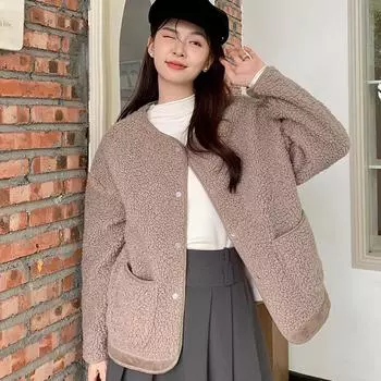 Осень-зима Большие размеры Женские однотонные куртки Винтажный кардиган на пуговицах Верхняя одежда Повседневные свободные топы с длинным рукавом M коричневый