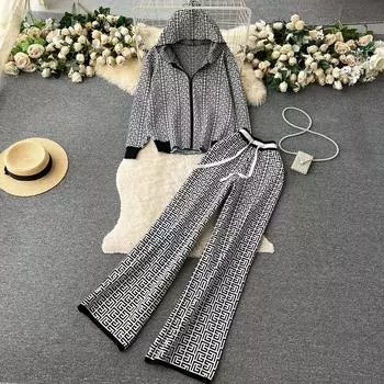 Осень-зима брендовый дизайнерский вязаный свитер с принтом, комплект женского пальто с капюшоном, куртка + длинные брюки, модный винтажный женский спортивный спортивный костюм One Size чёрный