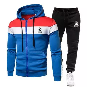 Осень/зима CCCP толстовка с цветной строчкой и капюшоном + брюки мужские повседневные хлопковые теплые толстовки костюм S