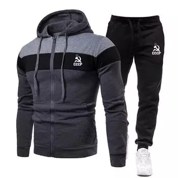 Осень/зима CCCP толстовка с цветной строчкой и капюшоном + брюки мужские повседневные хлопковые теплые толстовки костюм S чёрный