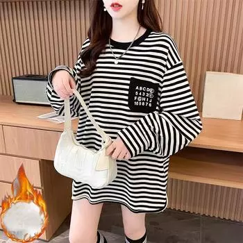 осень зима черная полосатая утолщенная женская футболка с длинным рукавом теплая бархатная y2k топы повседневные свободные футболки уличная одежда M