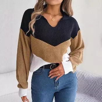 Осень-зима цветной контрастный вязаный свитер женский с длинным рукавом в полоску с v-образным вырезом пуловеры свитер модный свободный трикотаж 30417 S серый