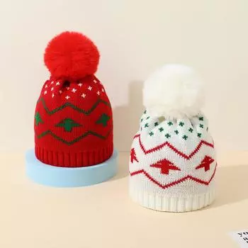 Осень-зима Детская теплая шапка Детская рождественская вязаная шапка Рождественская корона Теплые детские шерстяные шапки с комочками волос Праздничная шапка для мальчиков и девочек 1-6Y белый