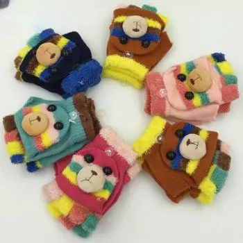 Осень-зима, детские перчатки с пятью пальцами, варежки на половину пальцев для мальчиков, детские вязаные варежки, милые теплые флип-перчатки с героями мультфильмов разноцветный