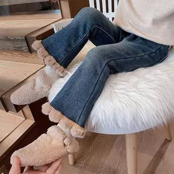 Осень-зима Детские плюшевые джинсы для девочек Стильные утолщенные джинсы из бархата для малышей Расклешенные брюки для девочек Детские брюки для девочек 80cm синий