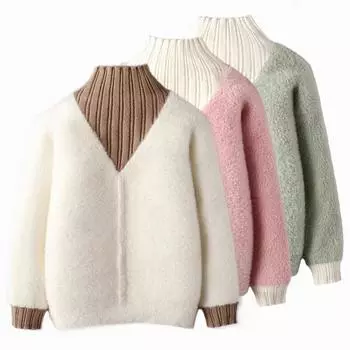 Осень-зима, детские повседневные плюшевые трикотажные пуловеры с длинными рукавами, теплые топы для маленьких детей, свитера для маленьких девочек 3T розовый