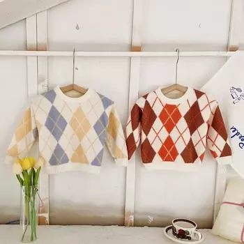 Осень-зима, детский пушистый вязаный свитер для мальчиков и девочек, толстовки с узором «аргайл» на флисовой подкладке, пуловеры с круглым вырезом и длинными рукавами, геометрические пуловеры, детская одежда, От 2 до 8 лет 90