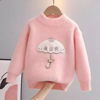 Осень Зима Девочки Зонтик Вязаный Свитер Пуловер Круглый Вырез Трикотаж Детский Западный Мультяшный С Длинным Рукавом Свитера 110cm розовый