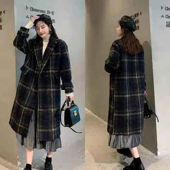 Осень-зима длинное клетчатое шерстяное пальто женское двубортное плотное свободное шерстяное пальто женское пальто