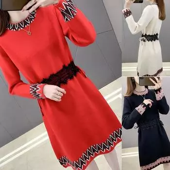 Осень-зима длинное платье-свитер женская верхняя одежда мода средней длины тонкий галстук высокая талия Ow Tie пуловер вязаный свитер женский теплое платье S красный