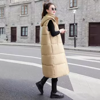 Осень-зима длинные парки без рукавов женские 2023 толстые теплые женские классические жилеты в корейском стиле с капюшоном винтажные куртки с поясом M чёрный