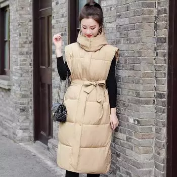 Осень-зима длинные парки без рукавов женские 2023 толстые теплые женские классические жилеты в корейском стиле с капюшоном винтажные куртки с поясом M чёрный