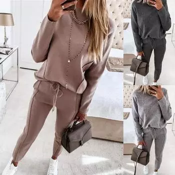 Осень-зима Длинные рукава Пуловеры Женские наряды Толстовки Спортивные штаны на шнурке Комплект из двух частей Большие размеры XXXL серый