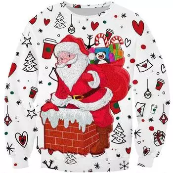 Осень-зима Длинные рукава Санта-Клаус Цифровой Принт Круглый вырез Толстовка Оверсайз Свободный Пуловер Топ Пуловеры и Длинные рукава Мужские S