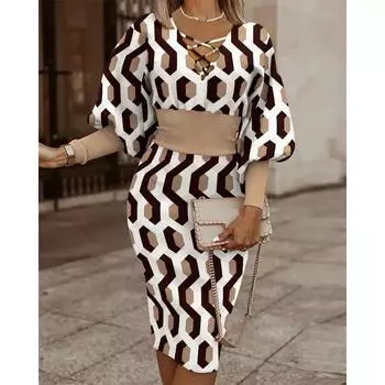 Осень-зима Длинные рукава V-образный вырез поясная сумка бедра V-образный вырез платье для женщин S