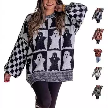 Осень-зима, длинные рукава, женские свитера, мода, большие размеры, Хэллоуин, свободный свитер с круглым вырезом, винтажный женский элегантный принт, повседневные джемперы 25367 S темно-серого