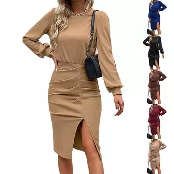 Осень-зима Длинный рукав Круглый вырез Трикотажное платье-свитер Повседневный пуловер Платья с разрезом S хаки