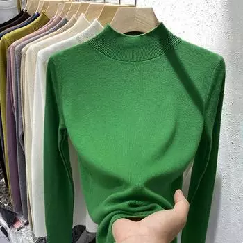 Осень-зима, длинный рукав, свитер, вязаный свитер, новая повседневная базовая рубашка, тонкий женский внутренний топ, полуводолазка, вязаные свитера, одежда 2579 One size темно-зеленого