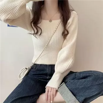 Осень-зима Длинный рукав Вязаный свитер Свободные женские свитера Повседневные мягкие длинные рукава-фонарики Пуловеры Джемперы Трикотаж Базовый свитер для женщин Топы One Size абрикосовый