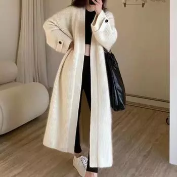 Осень-зима длинный рукав вязаный свитер кардиган свободное длинное пальто женская одежда повседневная уличная винтажная простая большая толстая One Size