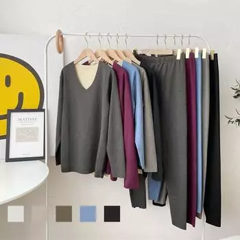 Осень-зима для мужчин и женщин, теплая одежда, нижнее белье, леггинсы с высоким гибким v-образным вырезом, однотонные пижамные комплекты, футболки с длинными рукавами + брюки L чёрный