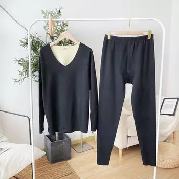 Осень-зима для мужчин и женщин, теплая одежда, нижнее белье, леггинсы с высоким гибким v-образным вырезом, однотонные пижамные комплекты, футболки с длинными рукавами + брюки L темно-синий