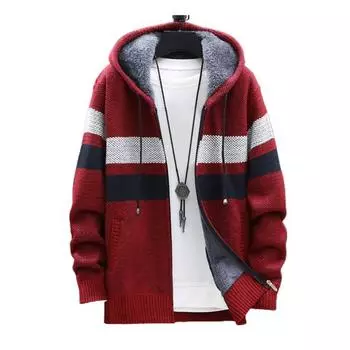 Осень-зима для мужчин с длинным рукавом вязаный кардиган с капюшоном на молнии плюшевое пальто с цветными блоками 3XL темно-синий